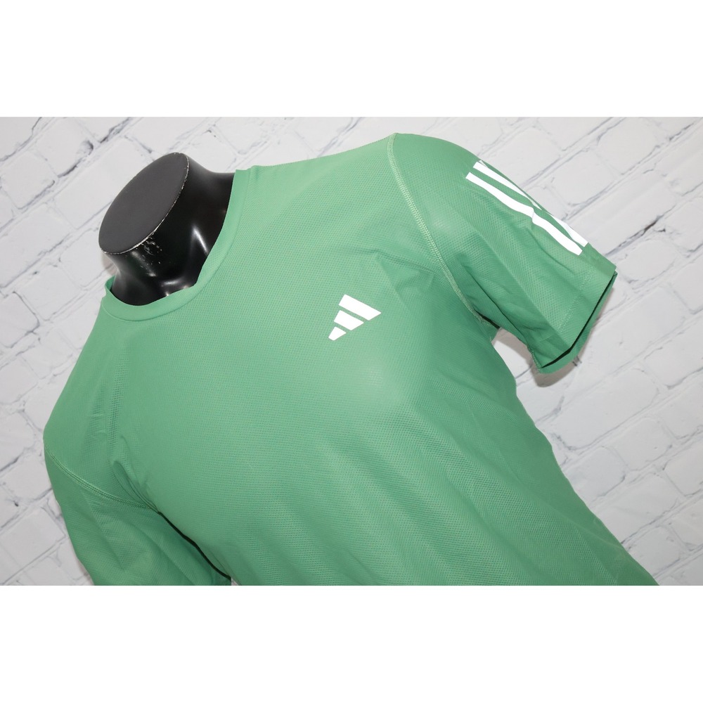 Adidas Running Shirt Mens Large Green Performance Gym Workout 3-Stripe Tee